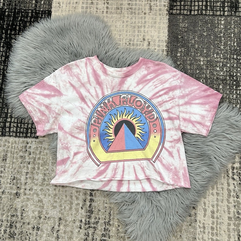 Pink Floyd Women's Pink Tie Dye Cropped‎ Raw Edge T Shirt Size Medium/Large